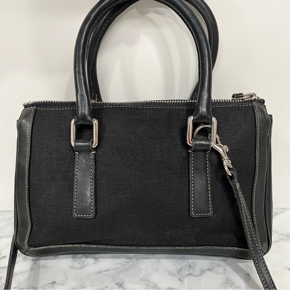Vintage Coach Black Leather Linen Small Handbag Crossbody Bag Purse 9436
